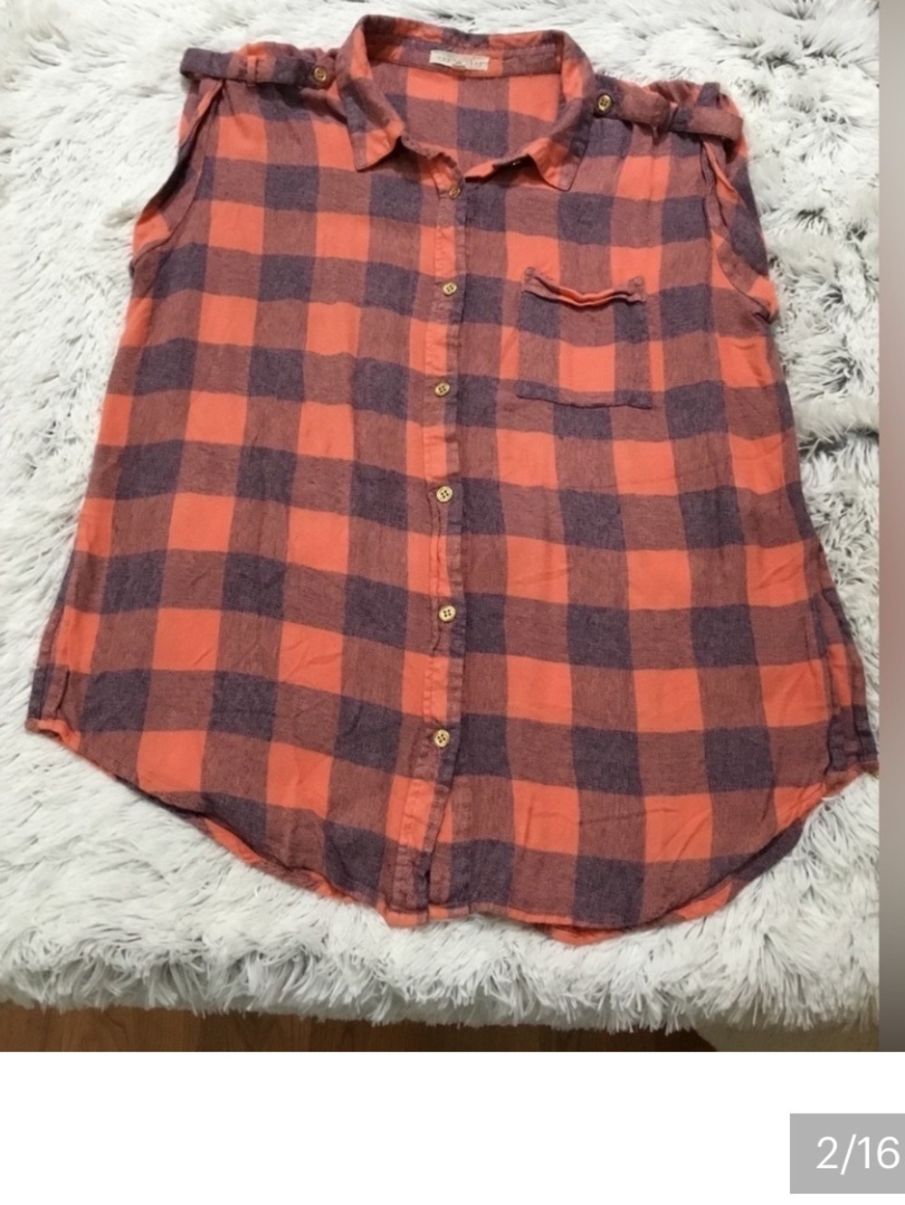 Sleeveless Plaid Button Top - Peach & Plaid